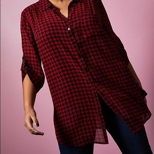 BETSEY JOHNSON RED HOUNDSTOOTH SHEER CHIFFON TUNIC